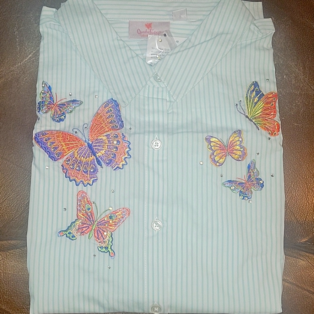 QUACKER FACTORY | 2X long sleeve button up embroidered butterfly shirt New!